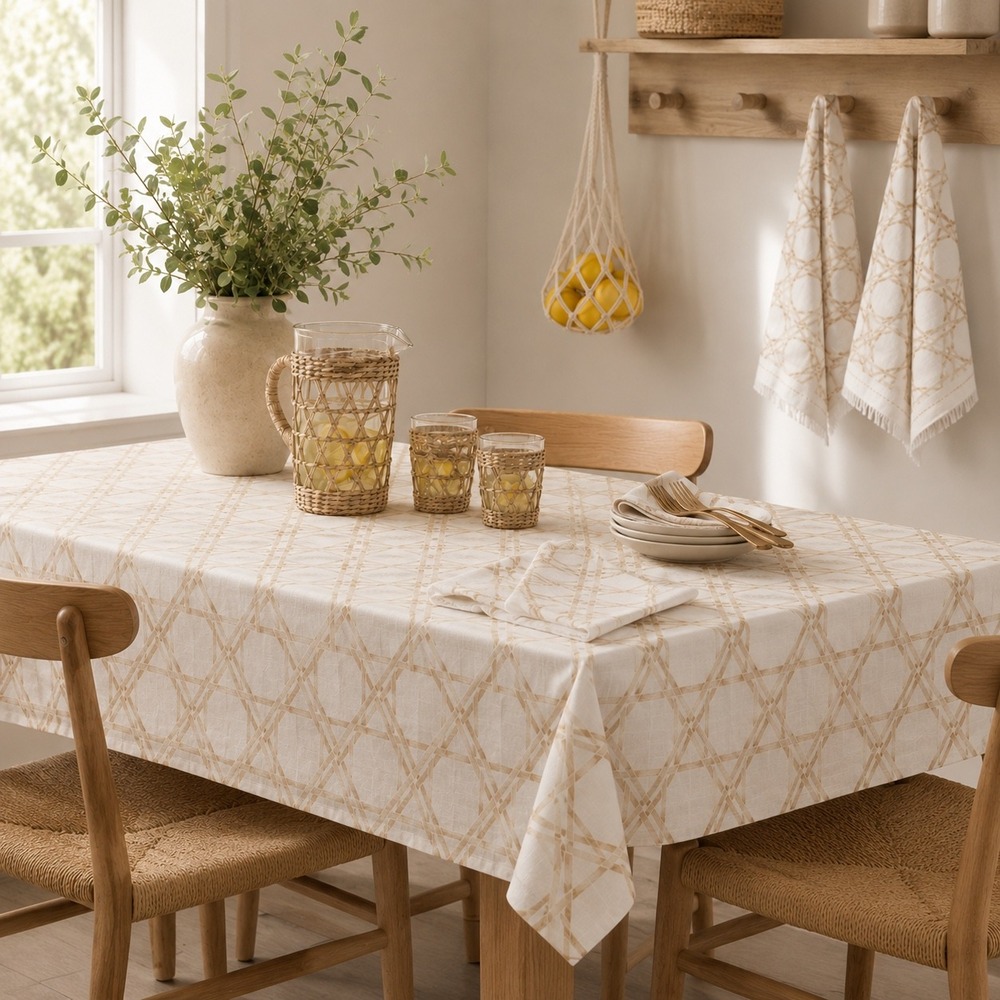 Threshold Khaki‎ Lattice Tablecloth 60x84 and 2pk Kitchen Towels Set Cotton NEW